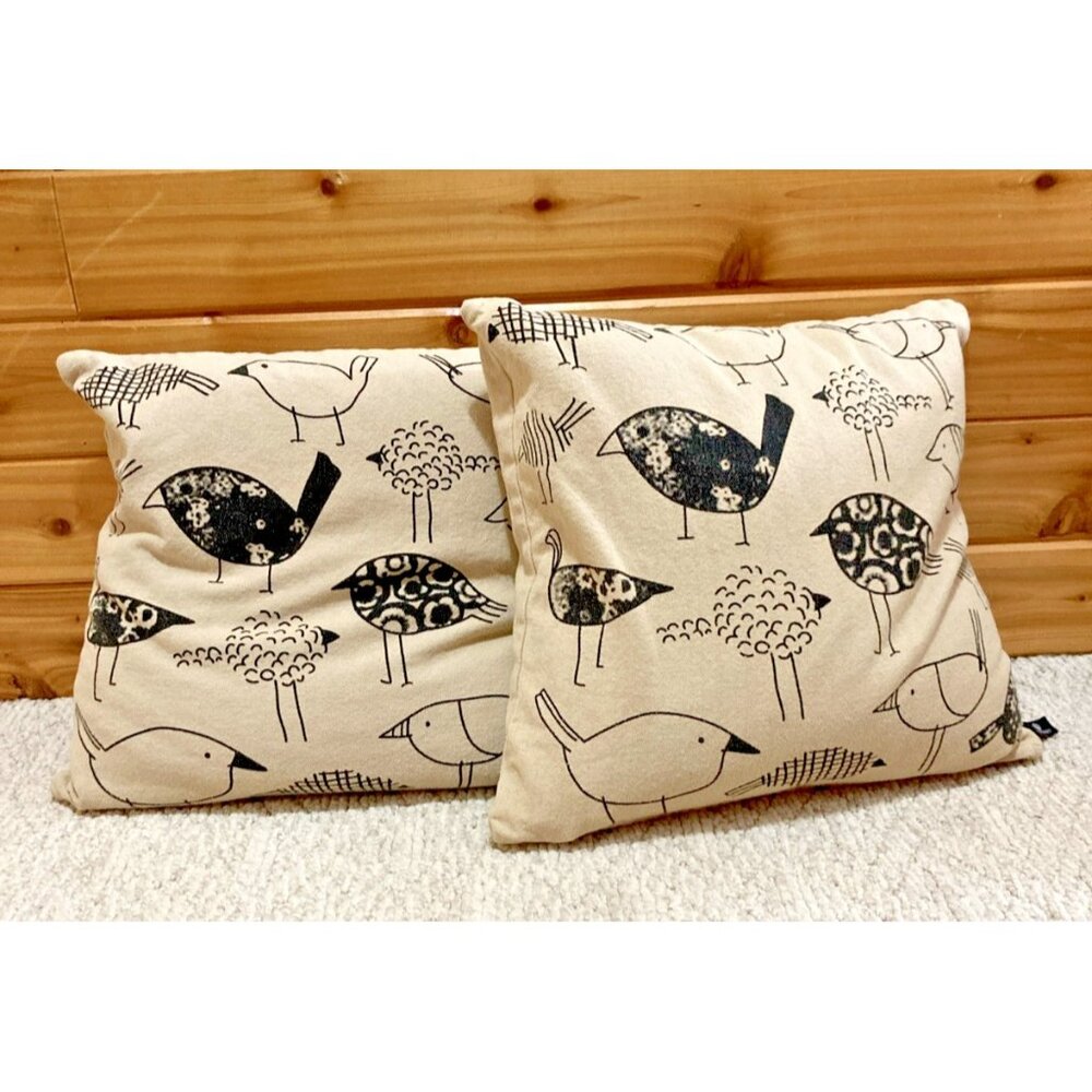 Newport Burlap Black Drawn Birds Throw Accent Pillows Feather Beige 20"  Pair